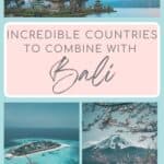 collage of 3 images - aerial view of overwater villas in Maldives, a view of cherry blossoms and Mount Fuji in Japan and Ulun Danu Beratan Temple in Bali with overlay text that reads "Incredible Countries to Combine with Bali"