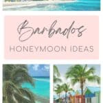 A collage featuring a turquoise shoreline with white sand and swaying palm trees, a soft pink panel labeled “Barbados Honeymoon Ideas,” a tropical beach framed by palm leaves with two people walking near the water, and a row of colorful beach huts under palm trees on white sand.