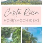 A collage featuring the lush green slopes of Arenal Volcano beneath a cloudy sky, a pink banner reading “Costa Rica Honeymoon Ideas,” a turquoise waterfall surrounded by jungle greenery with a rustic wooden staircase, and a quiet beach with a leaning palm tree over golden sand and gentle waves.