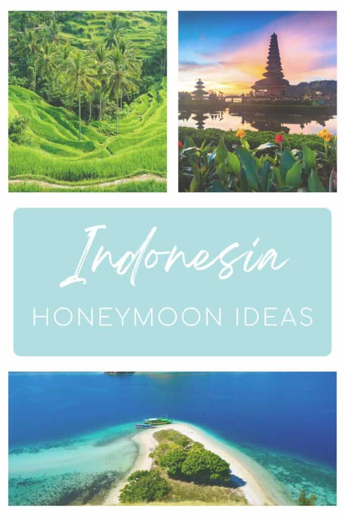 This layout features lush rice terraces layered with palm trees, a peaceful Balinese temple framed by flowers at golden hour, a soft blue title graphic that reads “Indonesia Honeymoon Ideas,” and a quiet crescent beach surrounded by turquoise sea and a small anchored boat.