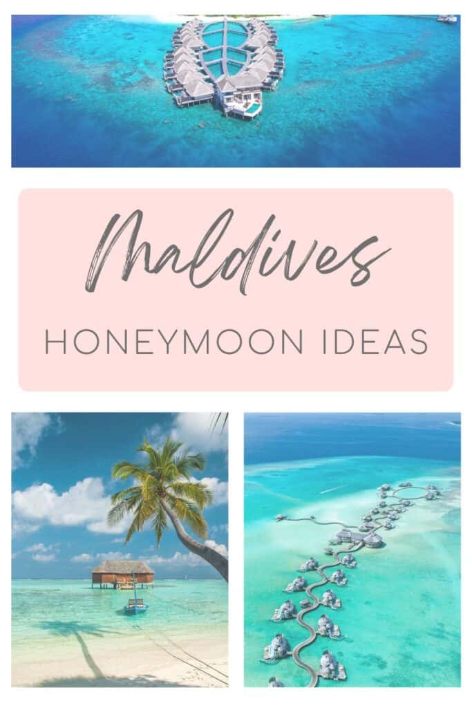 A dreamy collage featuring a flower-shaped overwater resort in the Maldives, soft pink text reading “Maldives Honeymoon Ideas,” a palm tree stretching over clear turquoise water beside a thatched hut, and a winding boardwalk of luxurious villas over a crystal-clear lagoon.