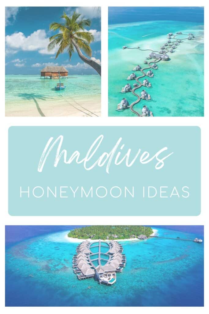 A tropical Maldives-inspired design showing a calm beach with a leaning palm tree and stilted hut, a serpentine layout of overwater villas surrounded by shallow turquoise sea, soft blue text reading “Maldives Honeymoon Ideas,” and an aerial view of a flower-like villa formation near a lush island.