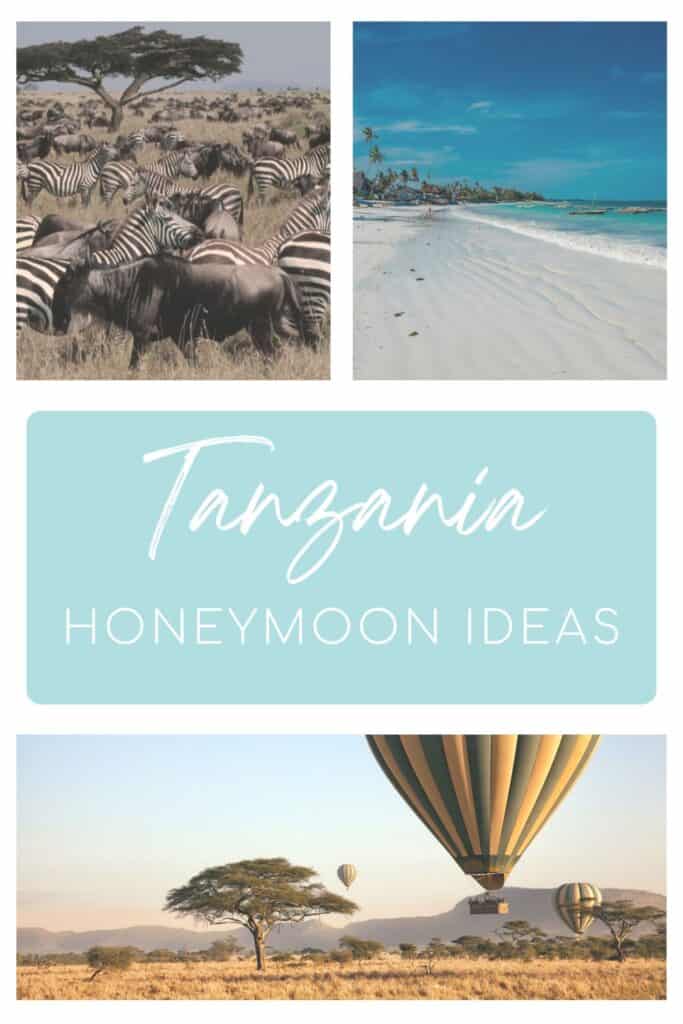This layout shows a herd of zebras standing in dry grasslands beneath a sprawling acacia tree, a stunning Zanzibar beach with clear blue skies and gentle waves, a light blue text panel reading “Tanzania Honeymoon Ideas,” and several hot air balloons soaring over the savannah at golden hour.