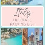 collage of 3 images if Italy including aerial view of Sardinia beach, the duomo of Florence and small village in Amalfi Coast with text that reads Ultimate Italy packing list
