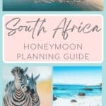collage of images, zebra in Kruger, penguins on Boulders Beach and an aerial view of Cape Town with overlay text that reads "South Africa Honeymoo Planning Guide"