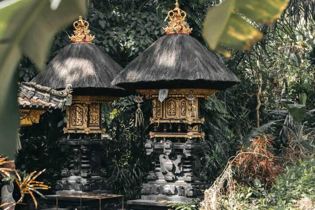 Traditional Balinese shrines with intricate gold carvings and black thatched roofs, surrounded by lush tropical greenery. The sacred structures are nestled in the jungle.