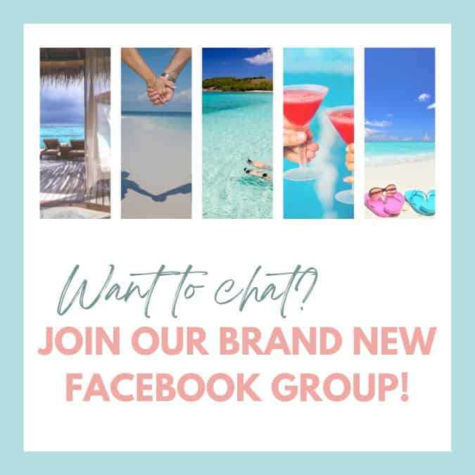 collage of images with two sun loungers in water villa in maldives, a couple holding hands, snorkelling, two cocktails and two pairs of flip flops in the sand and text that reads want to chat? join our brand new facebook group