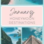 collage of 3 images, boat in Maya Bay, Phi Phi islands, Thailand, Chichen Itza temple in Mexico and aerial view of white sand island with vegetation surrounded by turquoise water in the Maldives with overlay text that reads "January Honeymoon Destinations"