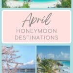 collage of 3 images, one of mayan ruins above a beach in tulum mexico, cherry blossoms in japan surrounded by mount fuhi and a beach in krabi thailand text that reads april honeymoon destinations