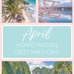 collage of 3 images, one of mayan ruins above a beach in tulum mexico, cherry blossoms in japan surrounded by mount fuhi and a beach in krabi thailand text that reads april honeymoon destinations
